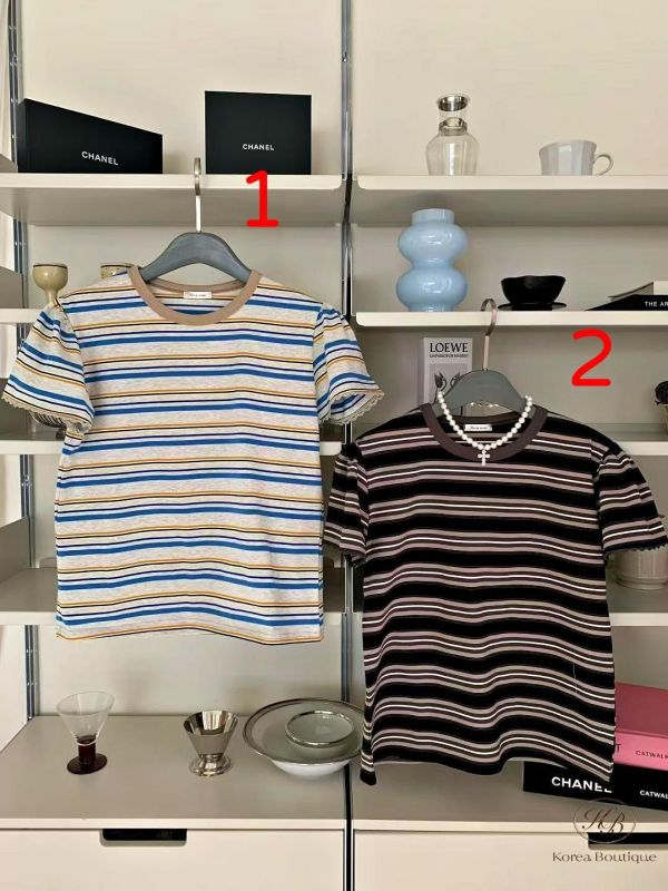 SS218 春季 袖口有花邊的條紋上衣 