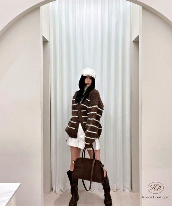 FWRK121 冬季 條紋毛毛長版開襟外套 