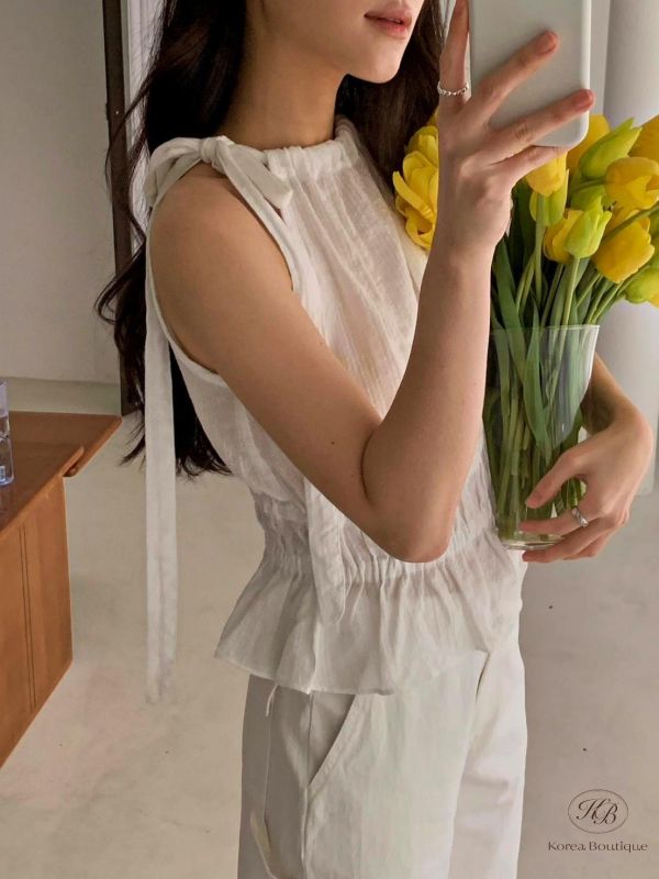 SS547 夏季 亞麻材質優雅的消肩背心 