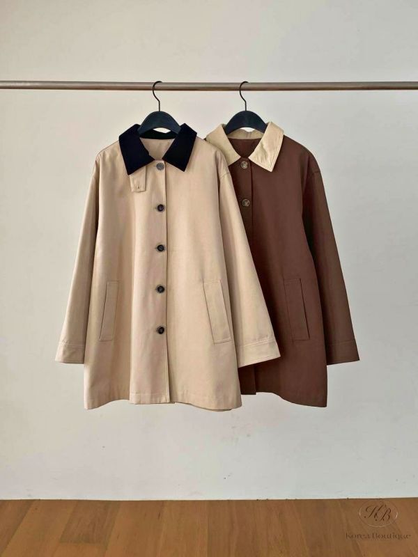 Fw221 秋季 撞色領口風衣 巴恩風長版外套 