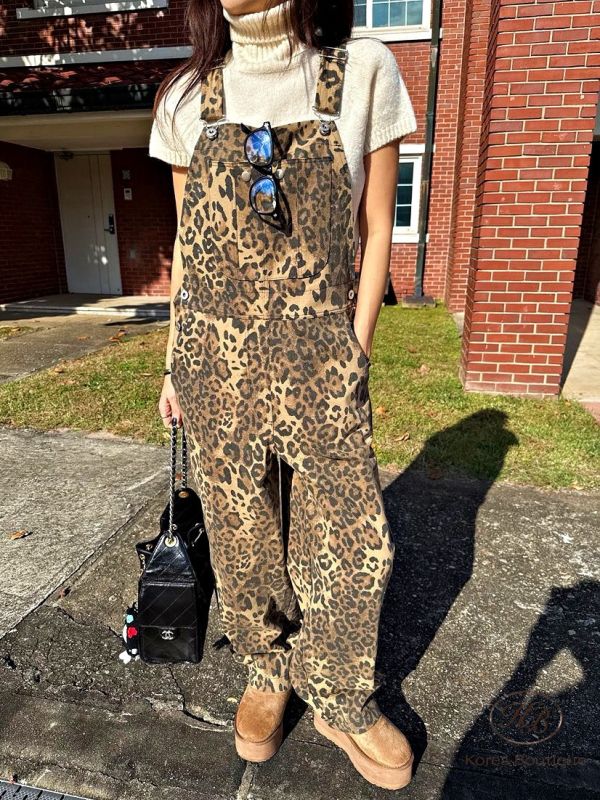 Fw485 冬季 豹紋吊帶褲 