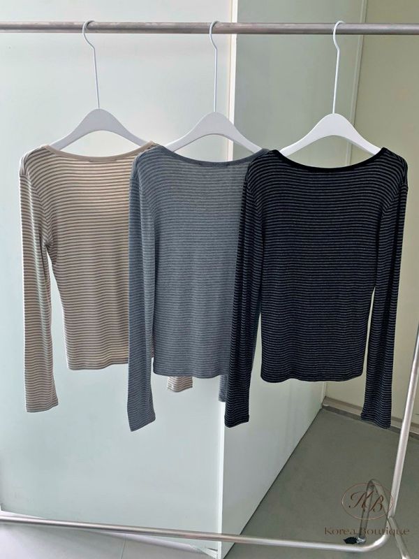 Fw276 秋季 條紋彈性圓領大圓領上衣 