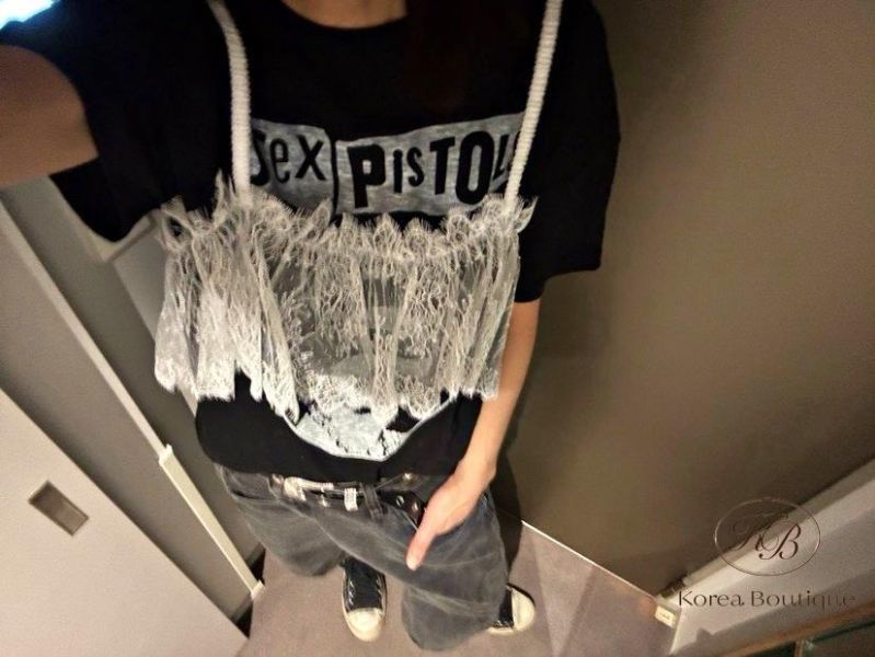 SS314 春季 假兩件蕾絲搖滾tee 