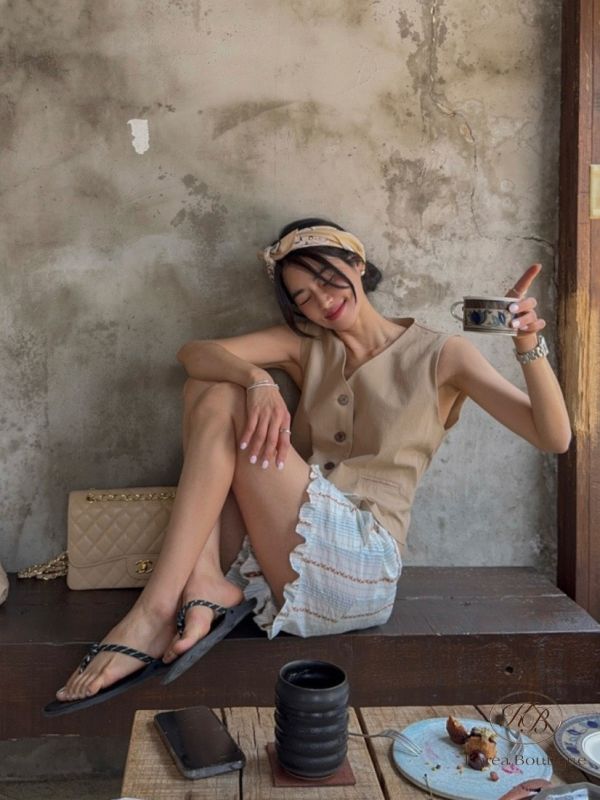 Su90 夏裝 條紋民俗感棉麻短褲 