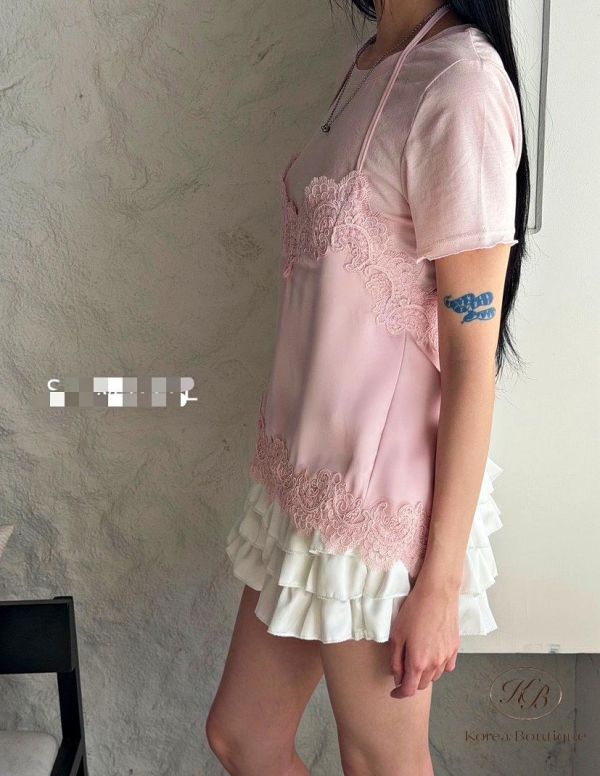 SS528 夏季 配色都好可愛的兩件式蕾絲造型上衣 