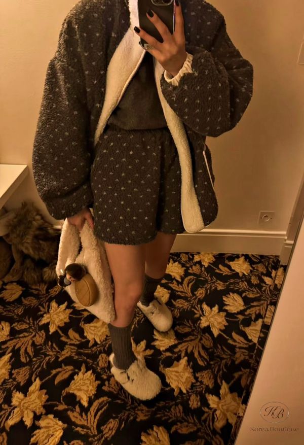 Fw489 冬季 可愛點點羊羔毛套裝 