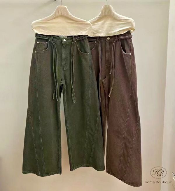 秋季 水洗顏色很特別的牛仔綁帶褲 