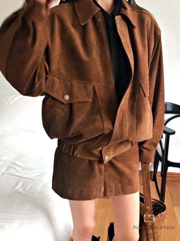 Fw464 冬季 麂皮夾克套裝 裙子均碼 