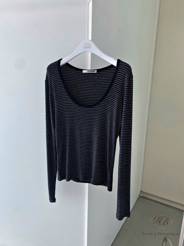 Fw276 秋季 條紋彈性圓領大圓領上衣 