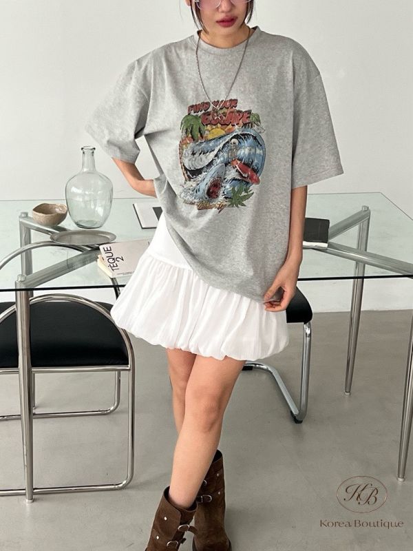 Kr44 夏裝 復古鯊魚印花寬版Tee 
