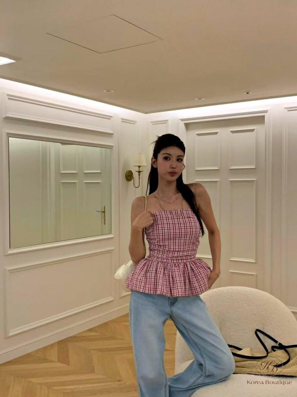 SS396 春季 平口格紋小洋裝上衣 