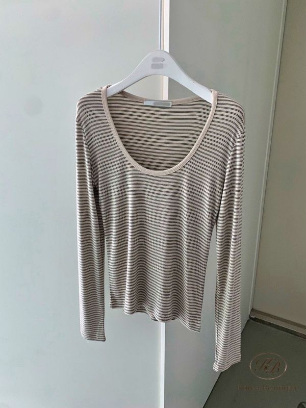 Fw276 秋季 條紋彈性圓領大圓領上衣 