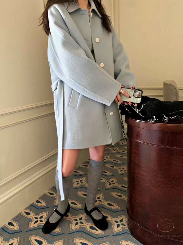 Fw357 秋季 柔和顏色的綁帶羊毛大衣 