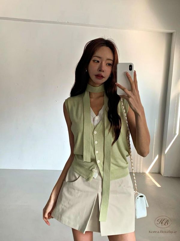 SS244 春季 無袖針織附圍巾上衣 