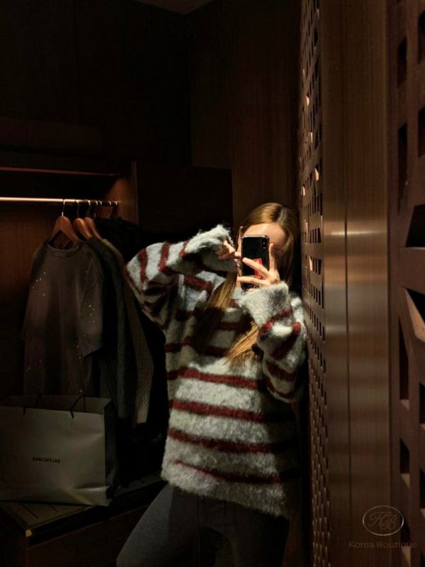 Fw460 冬季 長版馬海毛條紋毛衣 