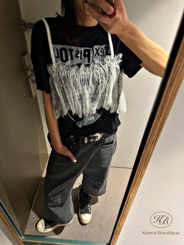 SS314 春季 假兩件蕾絲搖滾tee 