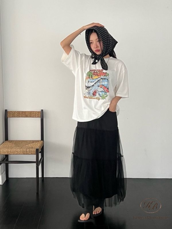 Kr44 夏裝 復古鯊魚印花寬版Tee 
