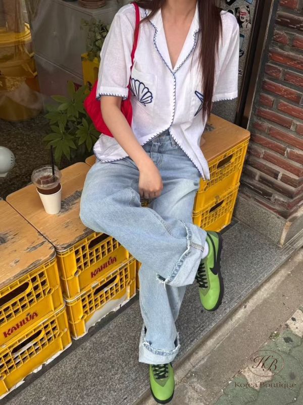 Su64 夏裝 貝殼刺繡襯衫 
