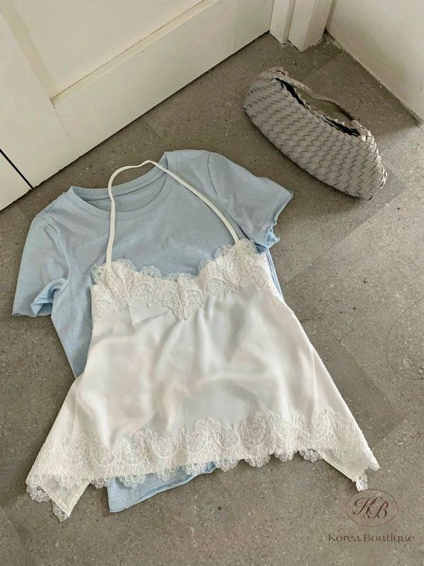 SS528 夏季 配色都好可愛的兩件式蕾絲造型上衣 