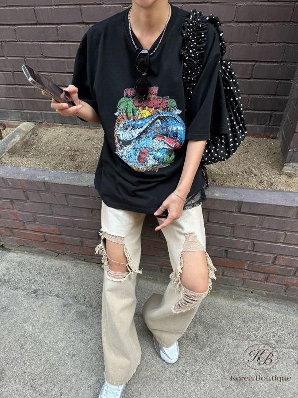 Kr44 夏裝 復古鯊魚印花寬版Tee 