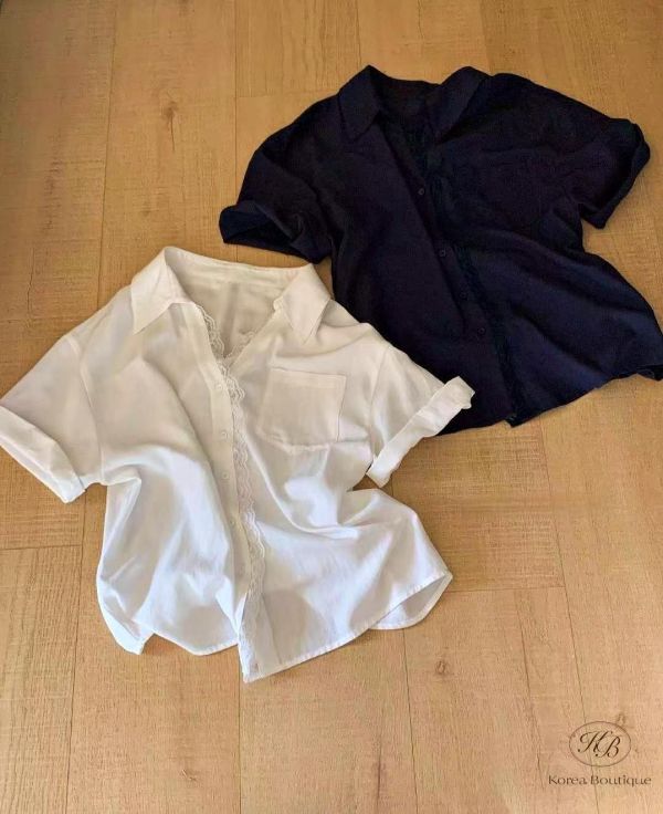 SS438 春季 蕾絲質感邊短袖襯衫 