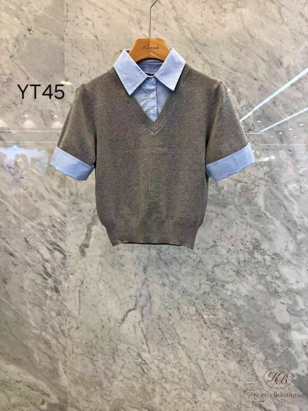 Fw275 秋季 假兩件襯衫針織polo上衣 