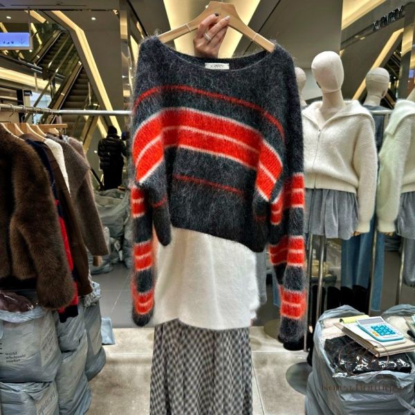 FWKR66 冬季 版型短版的條紋毛衣 