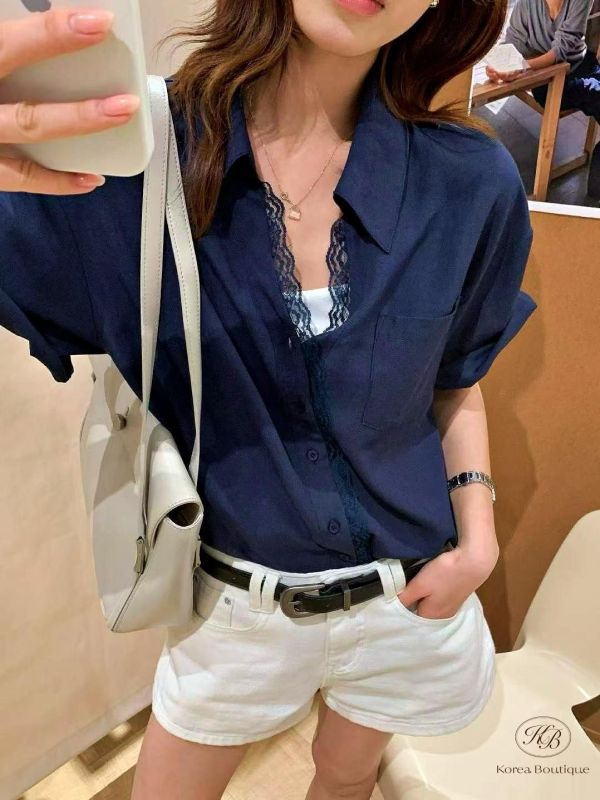 SS438 春季 蕾絲質感邊短袖襯衫 