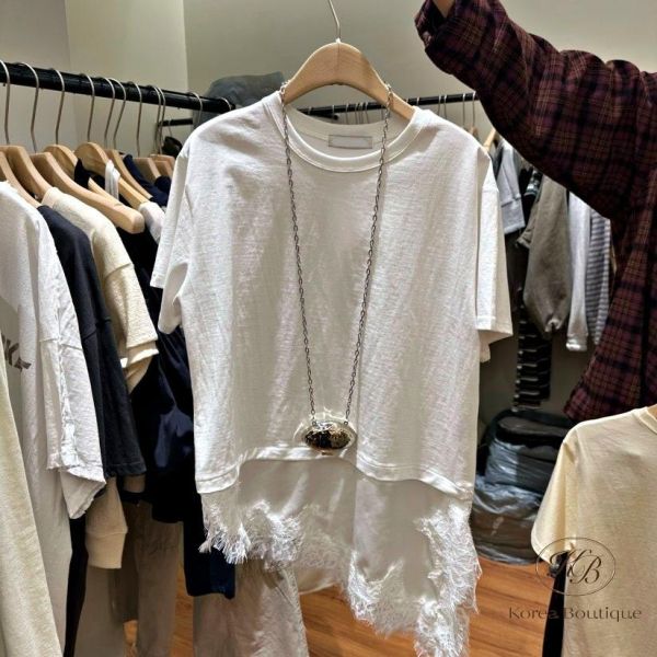 SS233 春季 蕾絲下擺短tee 