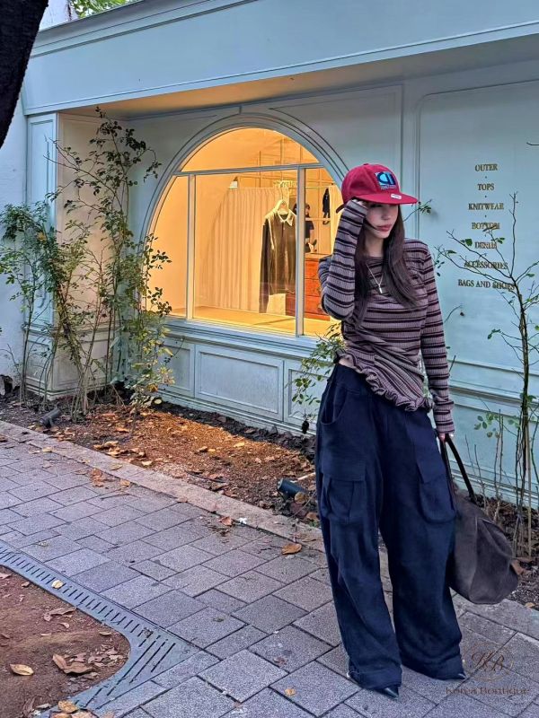 Fw322 秋季 條紋木耳邊上衣 