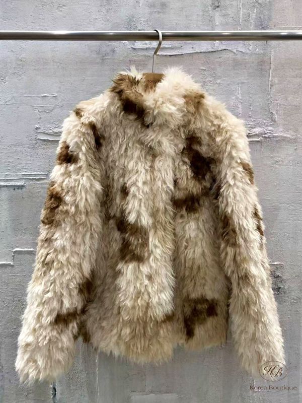 FWKR103 冬季 奶茶斑點毛毛外套 有鋪棉 