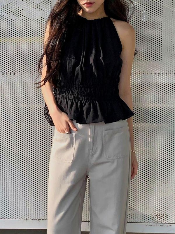 SS547 夏季 亞麻材質優雅的消肩背心 
