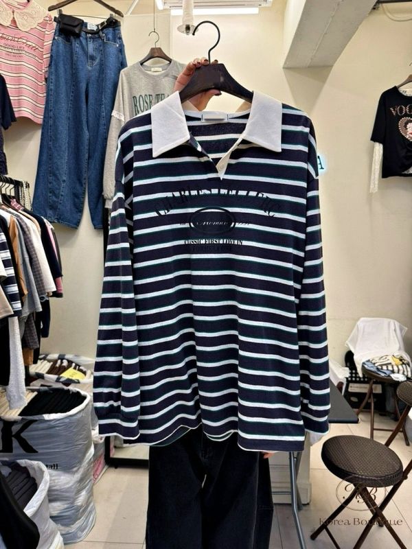 Fw337 秋季 可愛顏色條紋polo杉 