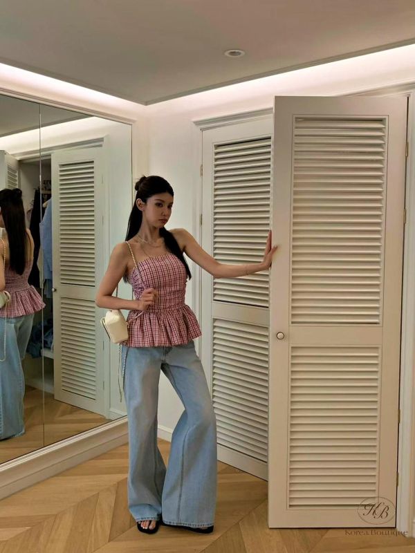 SS396 春季 平口格紋小洋裝上衣 