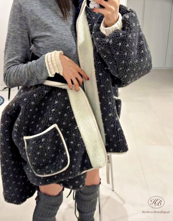 Fw489 冬季 可愛點點羊羔毛套裝 