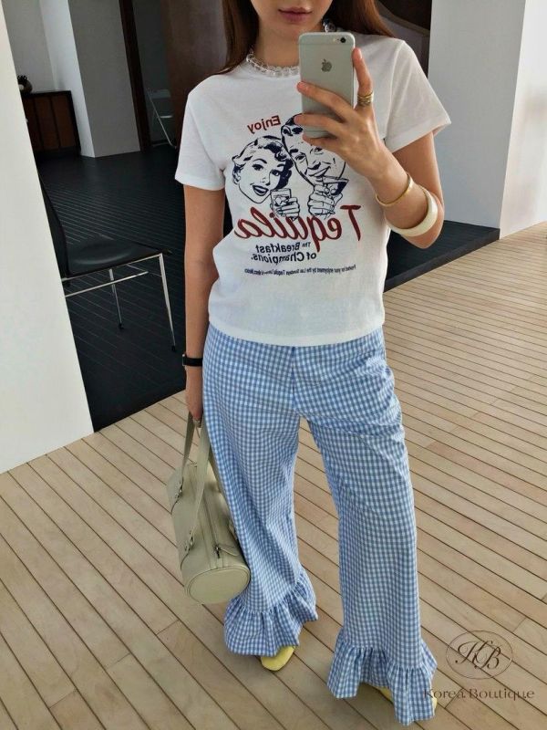 SS173 春季 可愛格紋花邊褲 