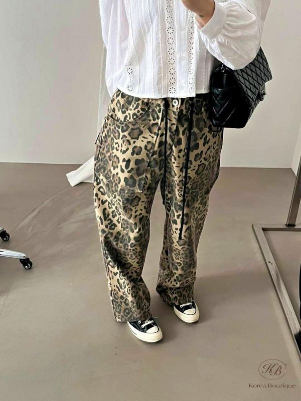 SS95 春季 豹紋後鬆緊長褲 