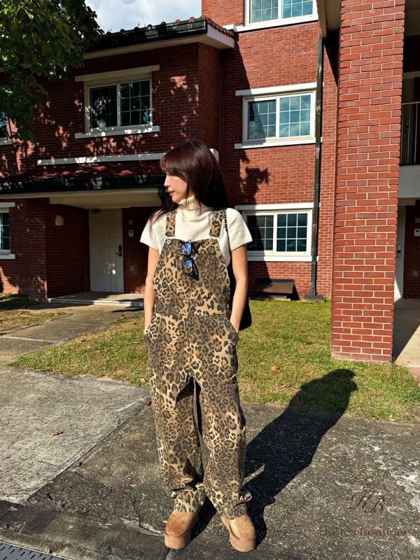 Fw485 冬季 豹紋吊帶褲 