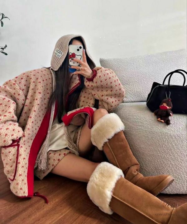 Fw489 冬季 可愛點點羊羔毛套裝 