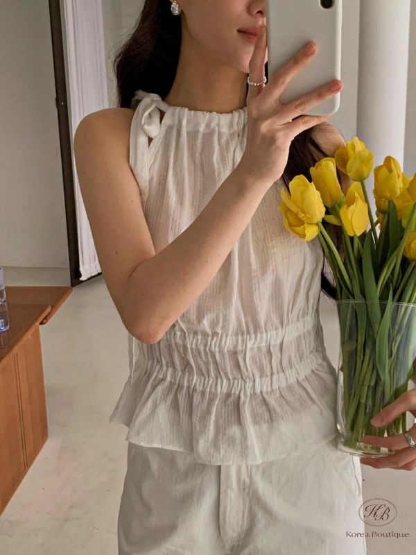 SS547 夏季 亞麻材質優雅的消肩背心 