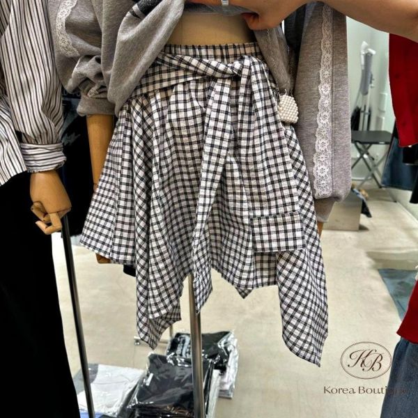 SS471 春季 格紋綁帶造型裙 