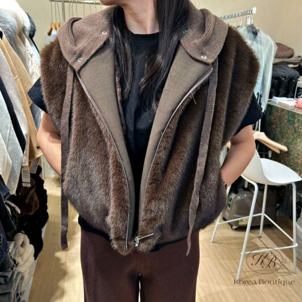 FWKR37 冬季 皮草背心 帽子可拆 