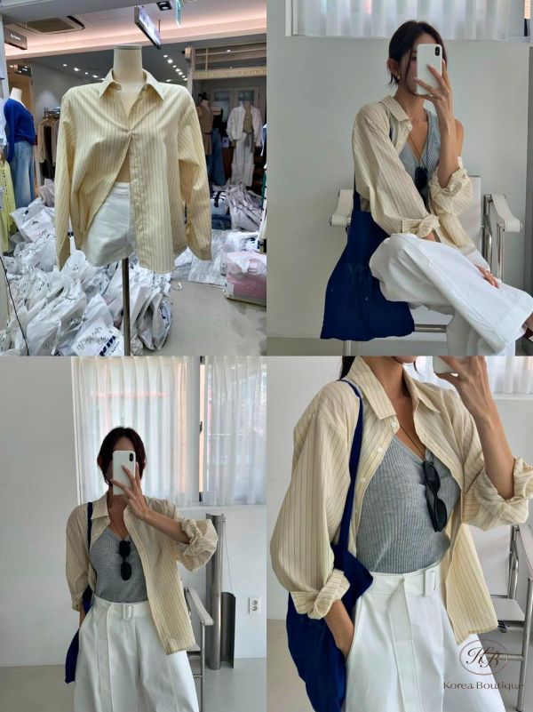 SS243 春季 好美的鵝黃色條紋襯衫 