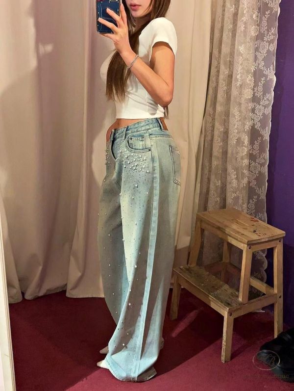 SS134 春季 珍珠春款直筒牛仔褲 