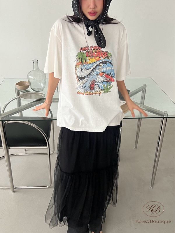 Kr44 夏裝 復古鯊魚印花寬版Tee 