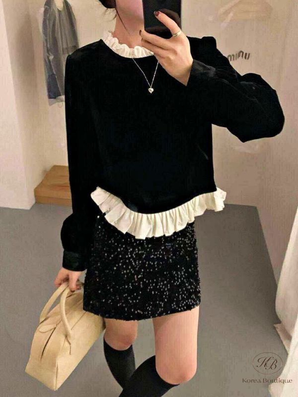 FWKR60 冬季 實體好美的天鵝絨上衣 下擺還有鑲上珍珠 