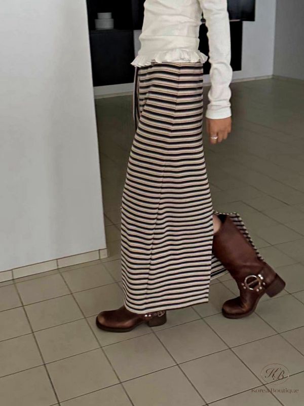 Fw448 冬季 大地色系的條紋裙 