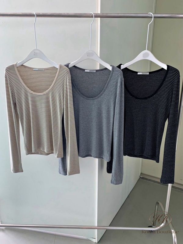 Fw276 秋季 條紋彈性圓領大圓領上衣 