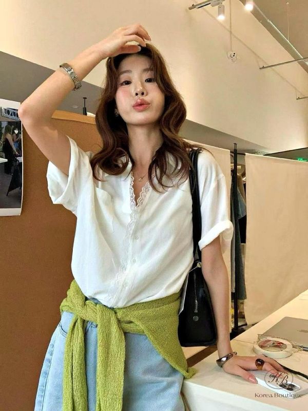 SS438 春季 蕾絲質感邊短袖襯衫 