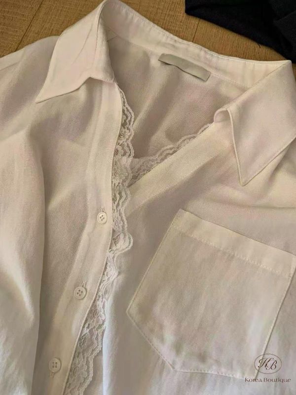 SS438 春季 蕾絲質感邊短袖襯衫 